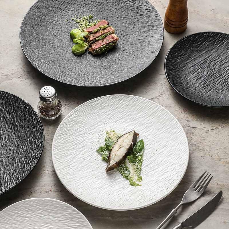 磨砂石纹西餐盘牛排盘意面盘创意圆形大菜盘酒店商用陶瓷家用餐具