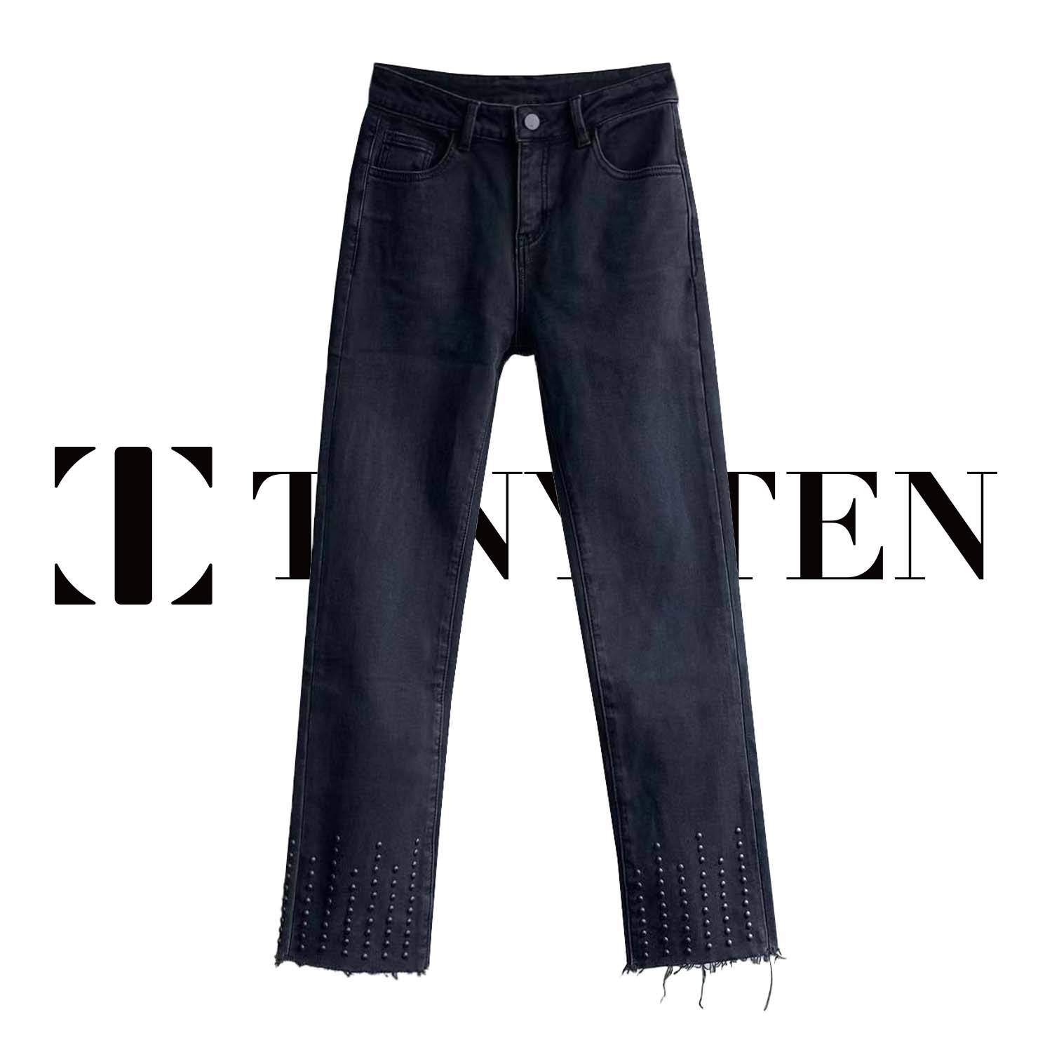 TINY·TEN秋冬加绒新款 撞钉直筒牛仔裤