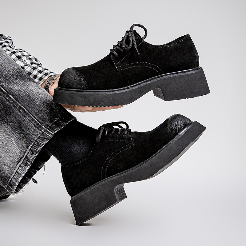 大头真皮翘头马丁鞋男款真皮厚底增高黑色英伦风工装德比鞋皮鞋