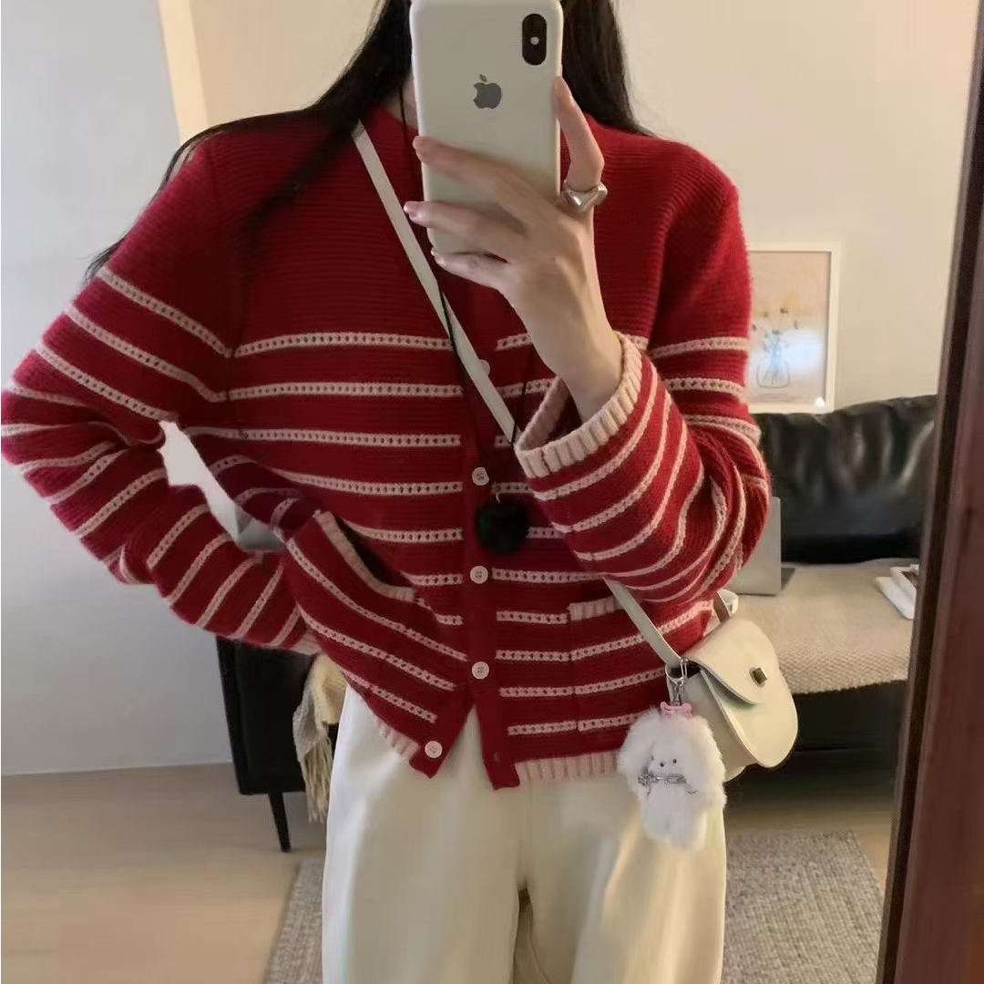 003-006时尚百搭休闲毛针织衫网红宽松秋冬拼色韩版圆领撞色复古1