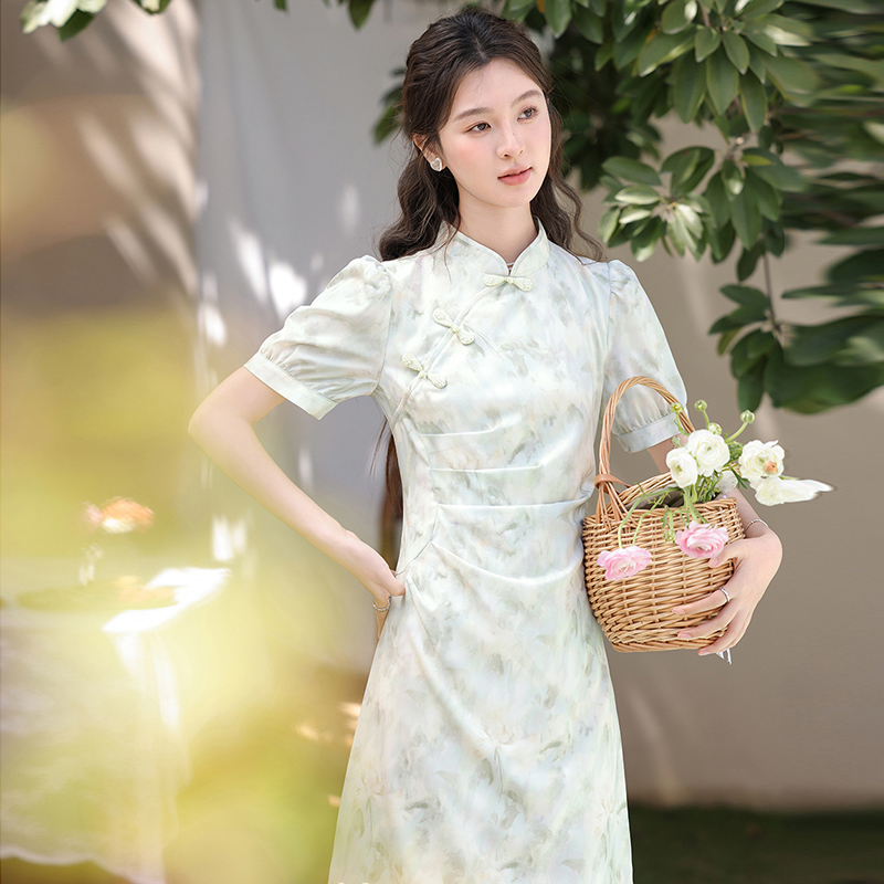 新中式改良连衣裙女夏2024新款薄荷绿裙子中国风小个子温柔气质