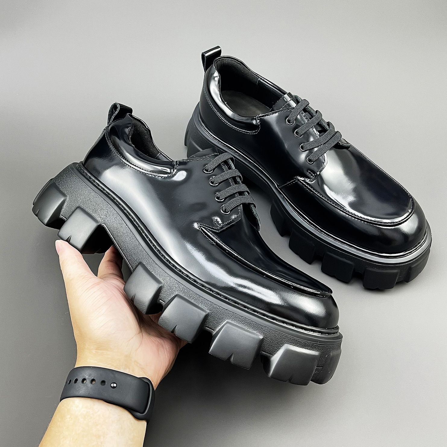 欧洲站高档厚底男士休闲皮鞋真皮厚底商务正装时尚百搭系带德比鞋