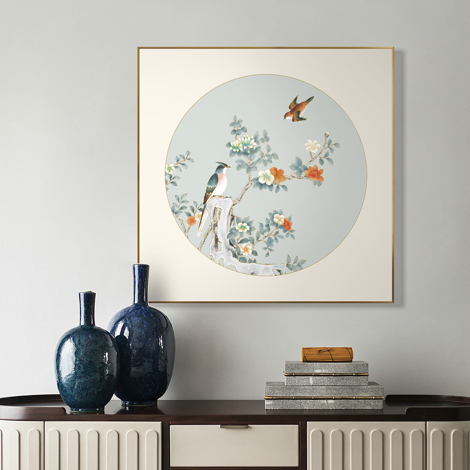 《囍上枝头》新中式圆形花鸟装饰画现代简约客厅沙发卧室挂画
