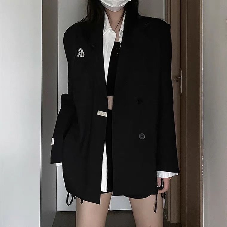 高级设计感黑色西装外套女2025春新款小众廓形中长款ins西服