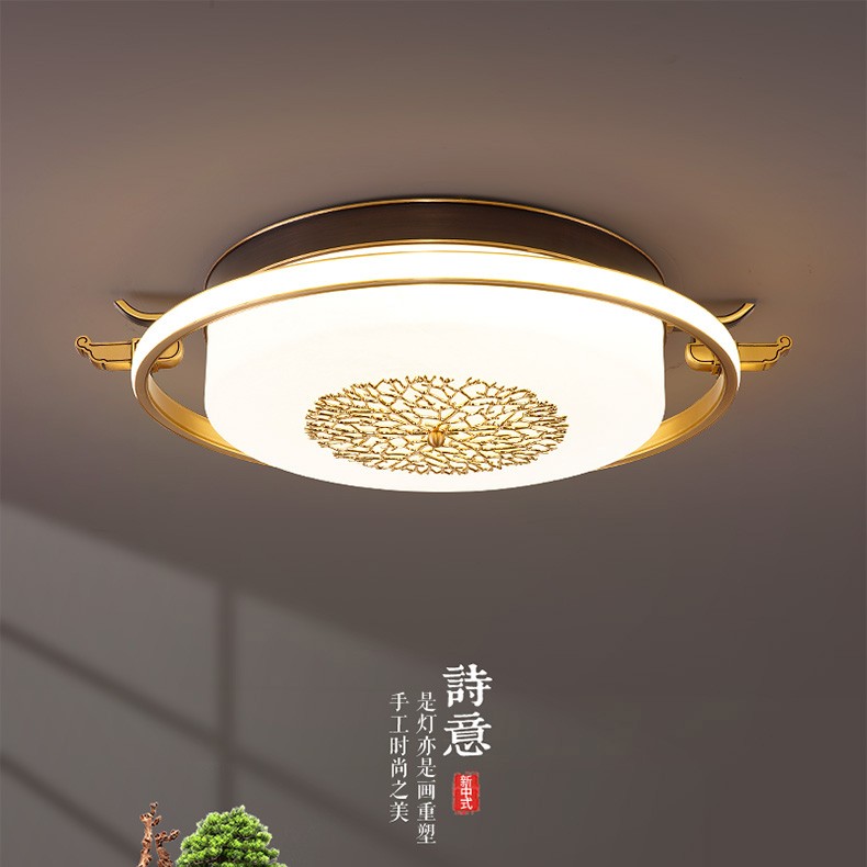 全铜新中式吸顶灯卧室禅意现代中国风书房间阳台简约圆形大气灯具