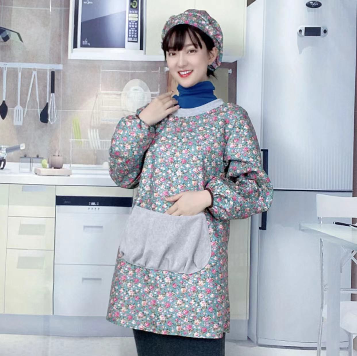 成人罩衣做饭家用双层防水防油污时尚大口袋可擦手长袖可爱反穿衣