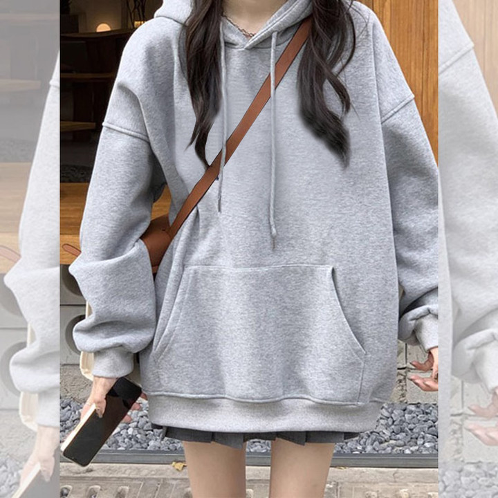 加绒加厚百搭连帽卫衣女秋冬oversize纯色外套纯色慵懒开衫宽松