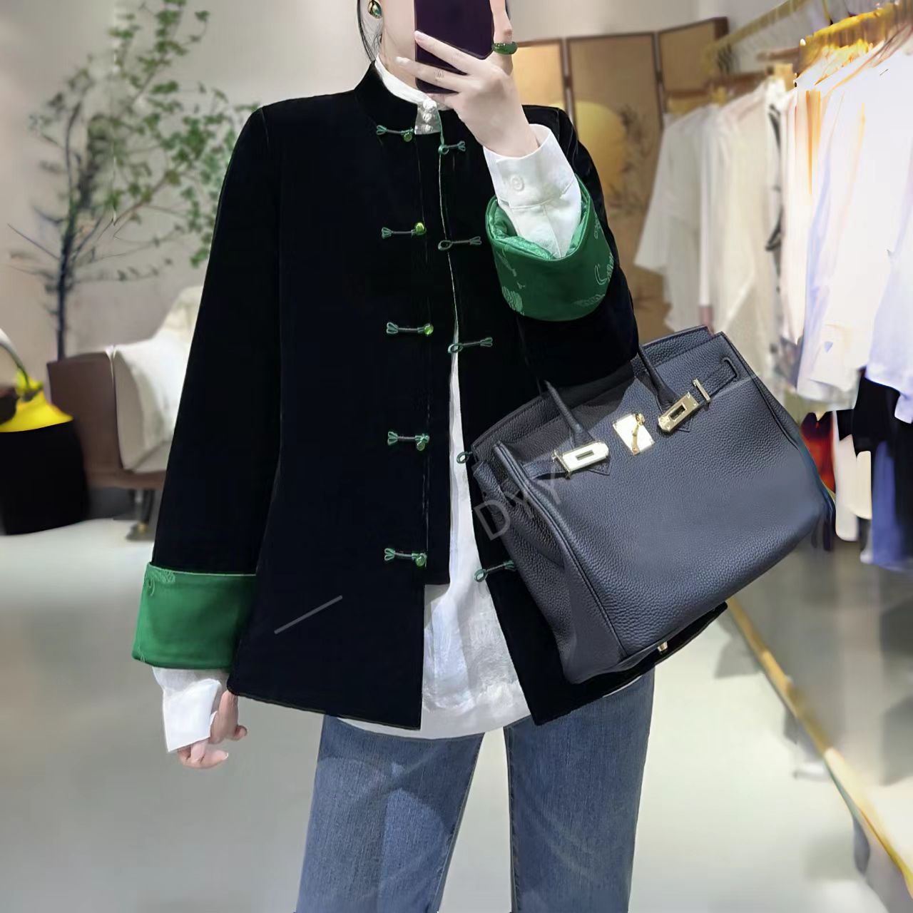 《董太推荐》中式复古桑蚕丝丝绒提花新中式中国风袖黑色绿袖棉服