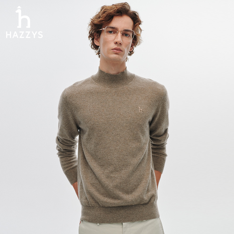 Hazzys哈吉斯秋冬男士长袖针织半高领保暖中领休闲百搭羊绒套头衫