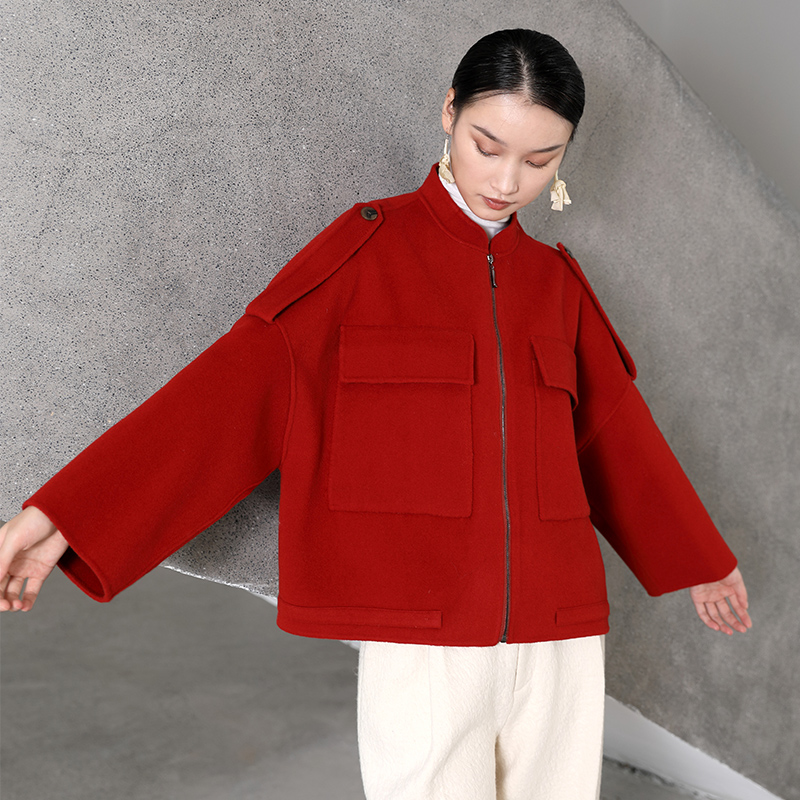 界内界外原创休闲秋冬立领新中式宽松双面羊毛呢短外套J33D620