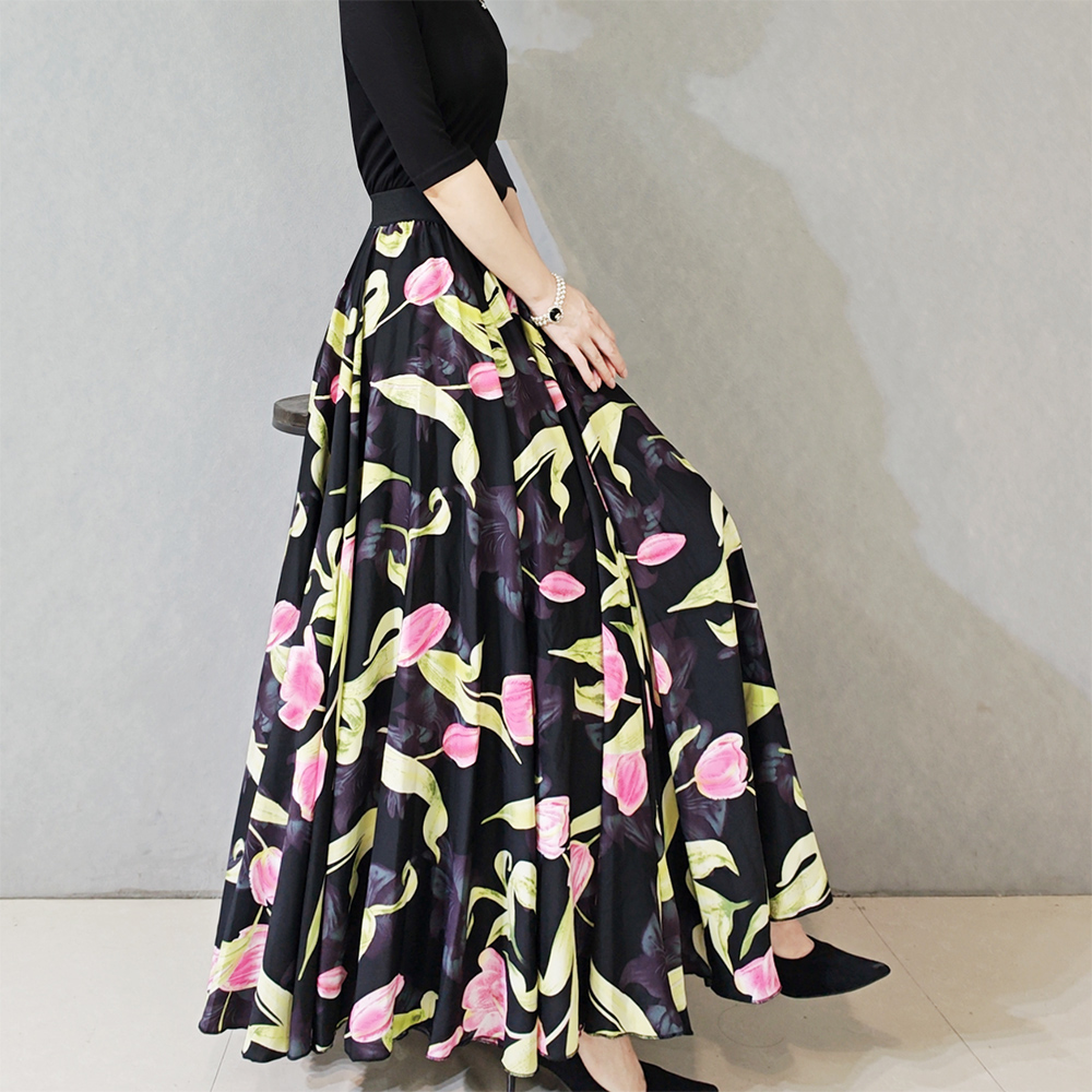 720度花色大摆高腰显瘦半身裙垂感强气质百搭拼接沙滩裙舞裙长裙 