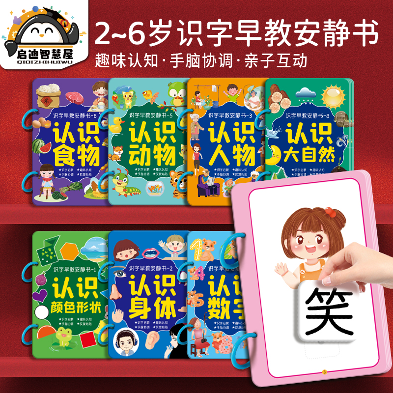 早教安静书幼儿识字卡启蒙游戏宝宝认字撕撕书粘贴魔术贴3-6岁