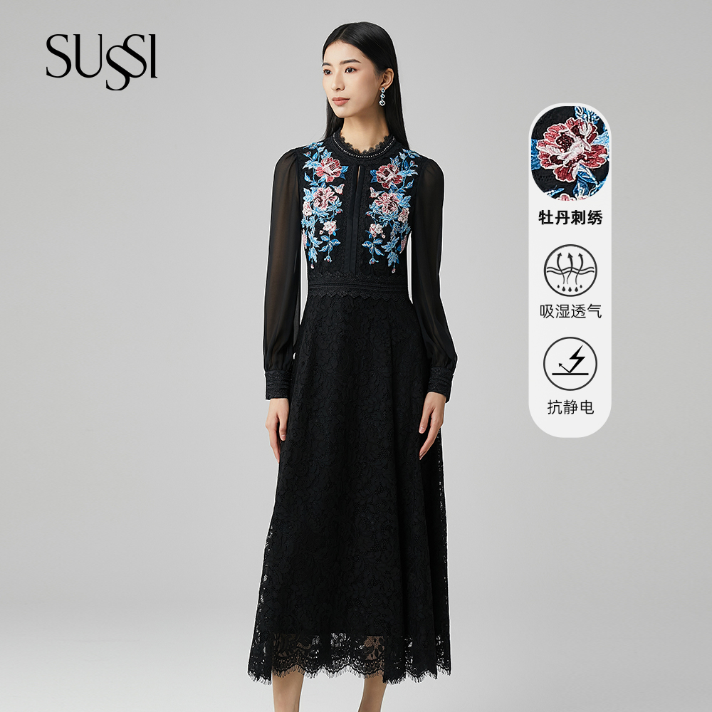 SUSSI/古色25商场同款黑色圆领灯笼袖蕾丝收腰连衣裙女透气提花