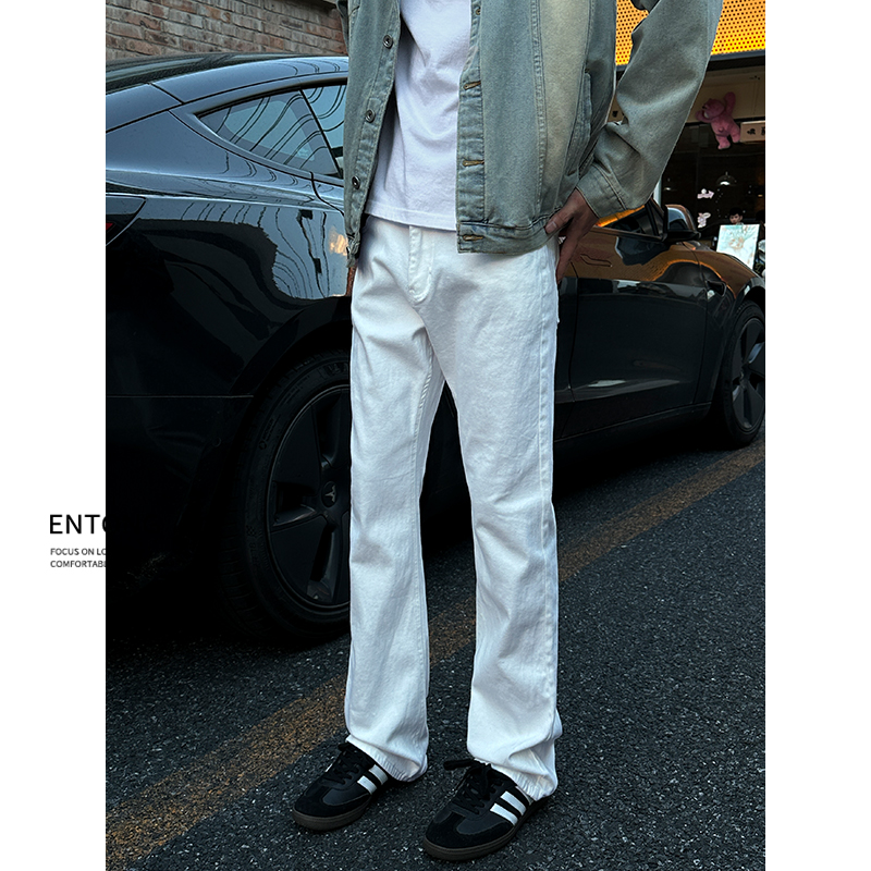 Entong美式白色牛仔裤男女潮牌复古微喇长裤cleanfit百搭休闲裤子