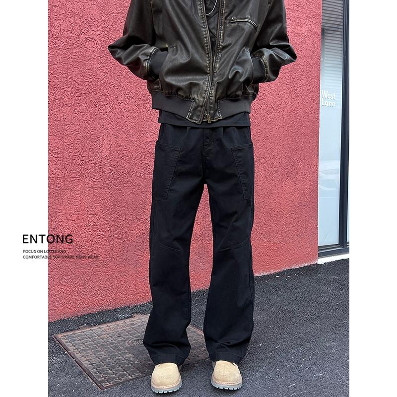 Entong美式高街vibe黑色休闲工装裤男生显瘦微喇宽松直筒微喇裤子