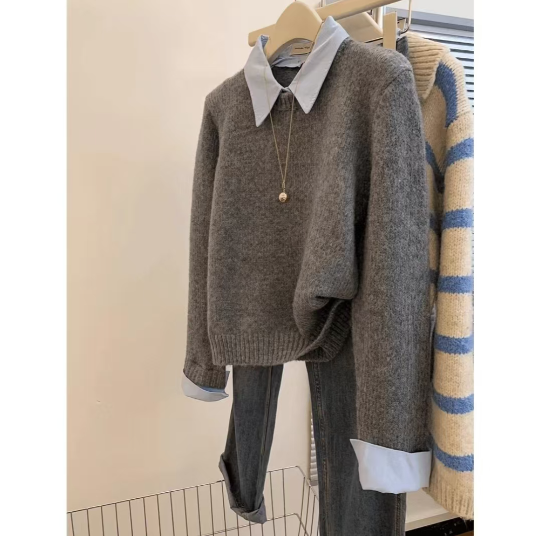 秋冬新款灰色polo领假两件毛衣女慵懒风打底拼接针织衫套头上衣潮