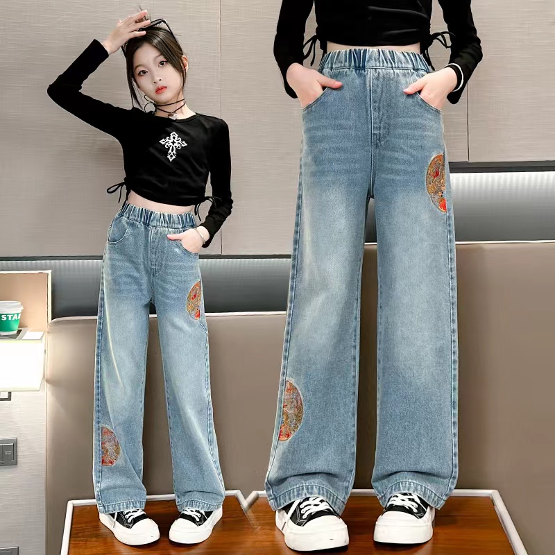 女童洋气春秋新款中大童新国风时髦阔腿裤儿童百撘休闲直筒牛仔裤