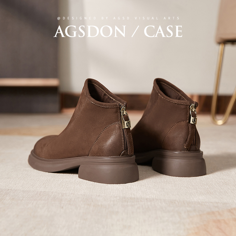 奥古狮登真皮及踝靴女2025新款秋季棕色休闲百搭显瘦雅丹风短靴子