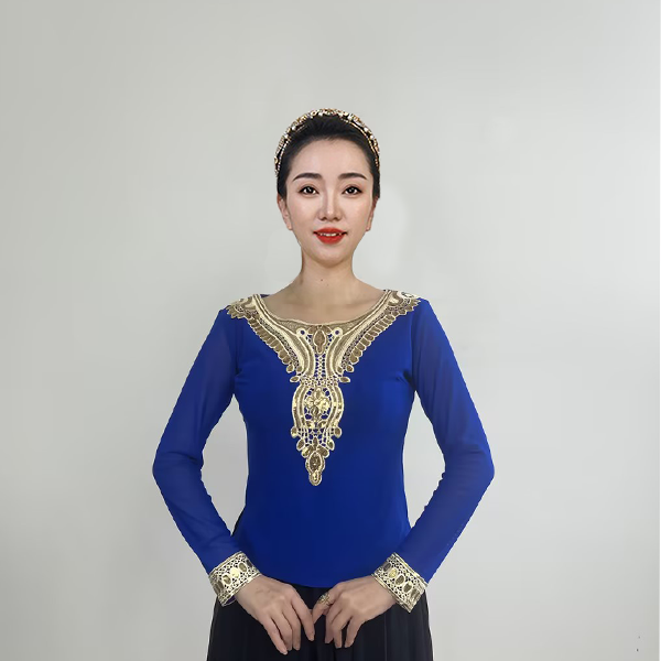 【新圆领】民族风金属花边绣亮片时尚百搭修身弹性网纱衣