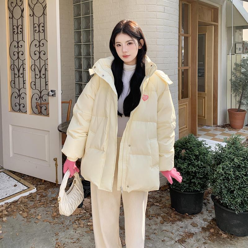 奶fufu米黄色保暖棉服女冬季2023新款韩系爱心贴标面包服加厚棉衣