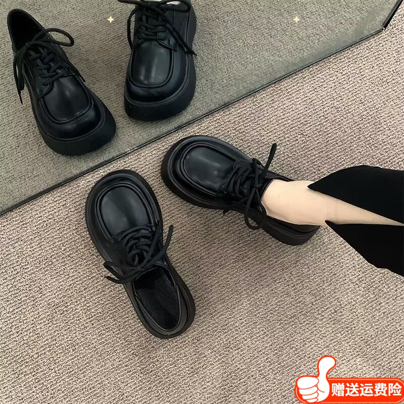 夏小天35-43大码女鞋芒果大头厚底皮鞋女春秋季新款黑色乐福鞋