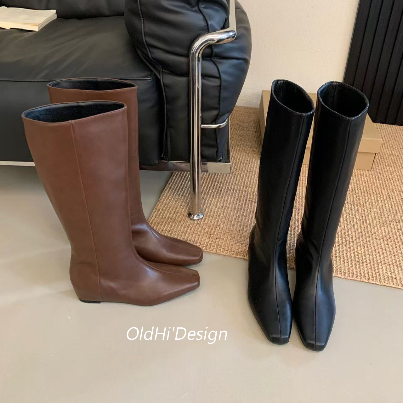  OldHi'Design【门店H2518】2024新款小方头平跟中筒靴女冬骑士长靴