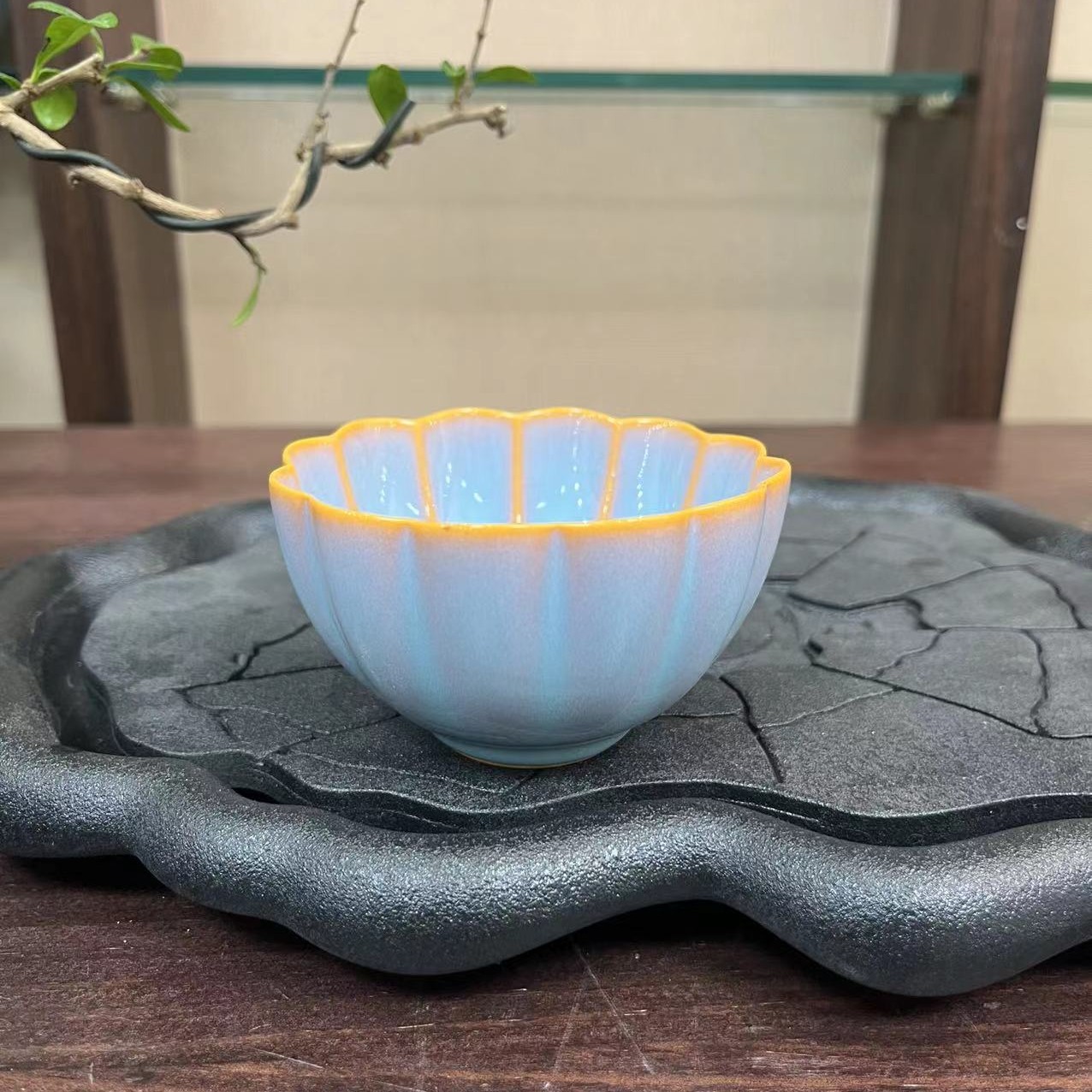 原矿汝瓷古韵秋霞菊瓣主人杯100cc