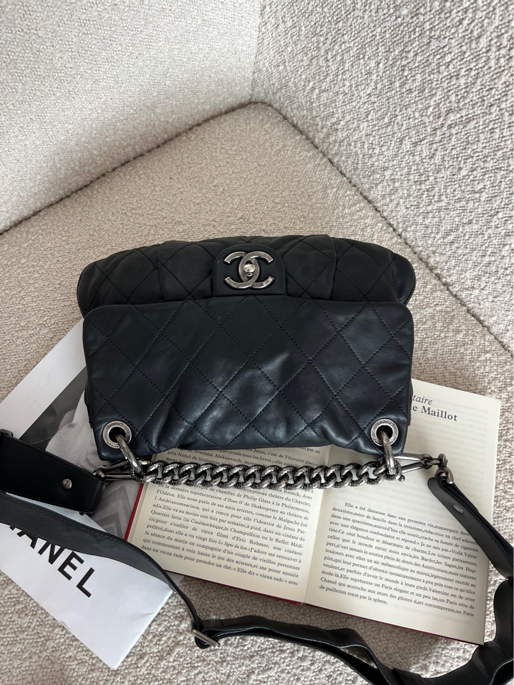 95新 Chanel/香奈儿 Chanel 黑银牛2way熔岩链条南瓜包 镭射17开