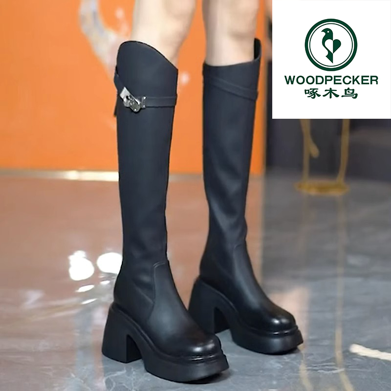 woodpecker/啄木鸟不过膝靴女厚底长靴2025秋冬新款皮带扣长筒靴
