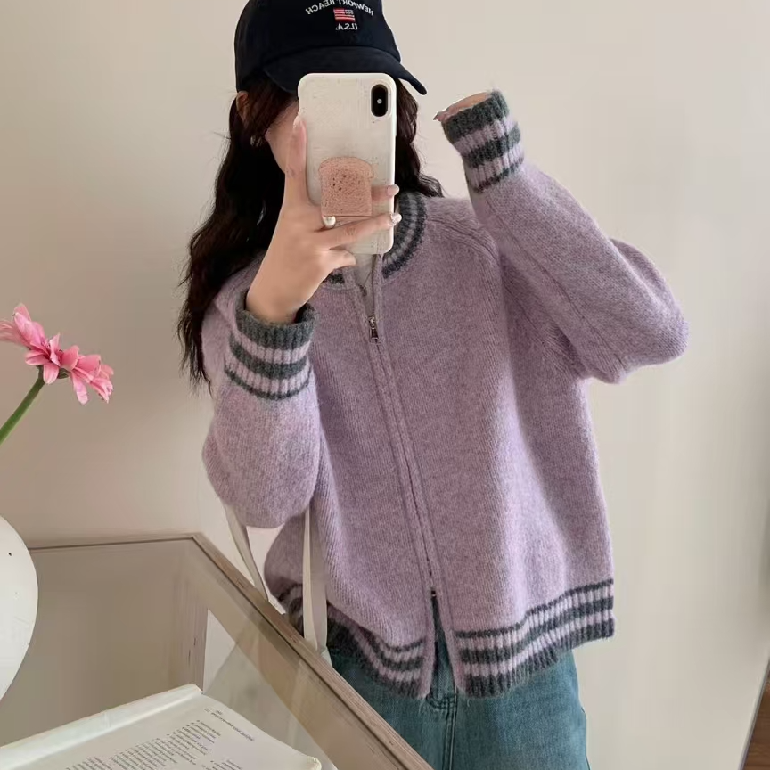 新款设计感拼色拉链加厚毛衣开衫