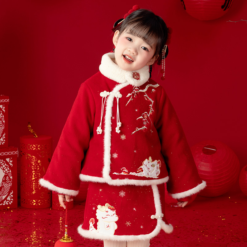萌乎【雪龙龙】龙年女童梅花国风刺绣加棉拜年服汉服套装-234625