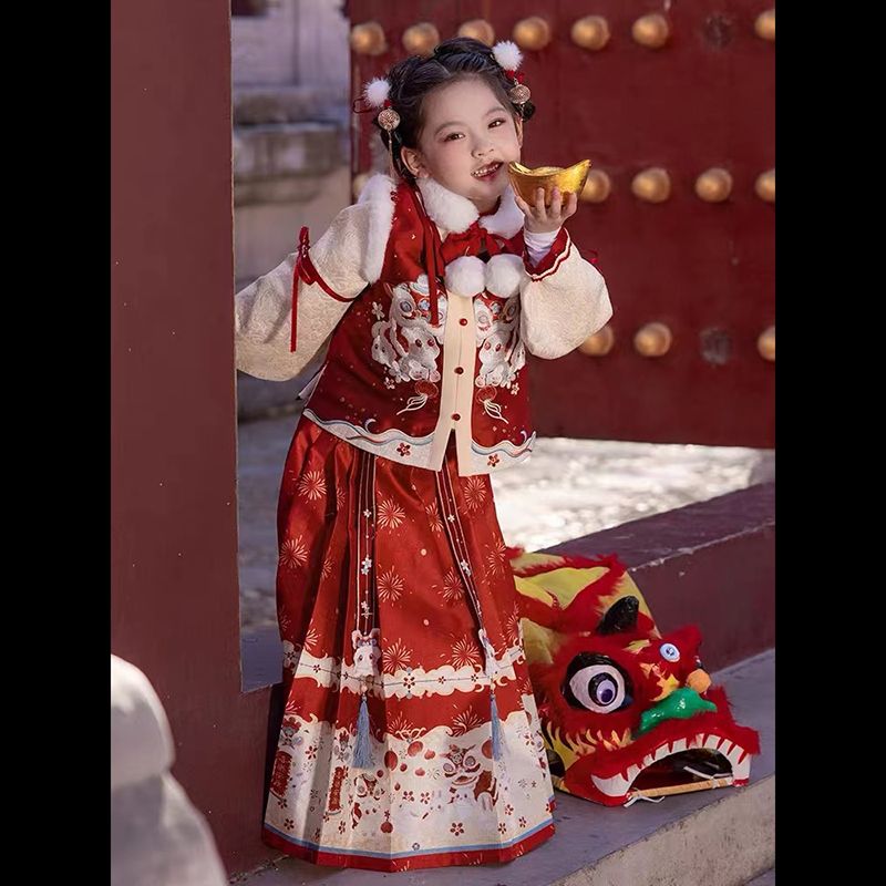 荨莀汉服女童冬款拜年服女童古风超仙儿童古装女宝中国风毛呢加绒