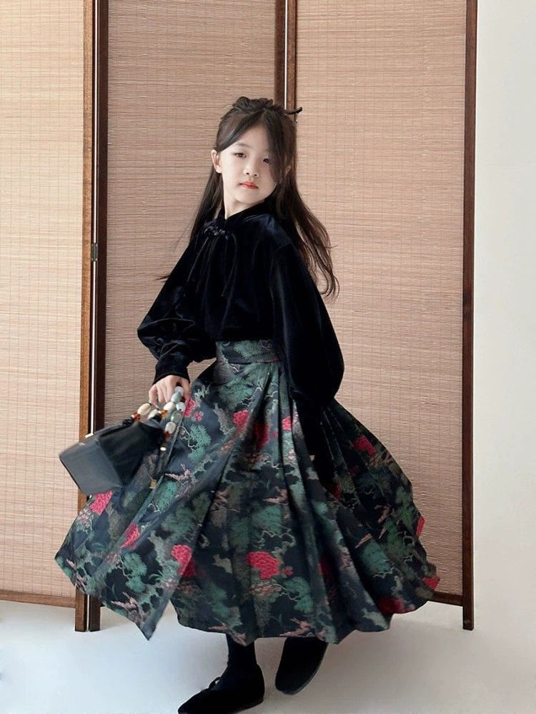 童装潮款Y女童新中式改良马面裙套装儿童唐装旗袍裙子中大童秋季