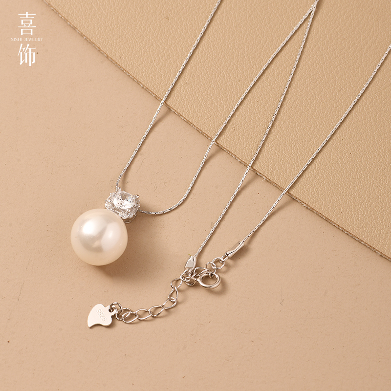 坠链均925银 新款法式单钻珠珠纯银项链女款吊坠时尚百搭轻奢银链