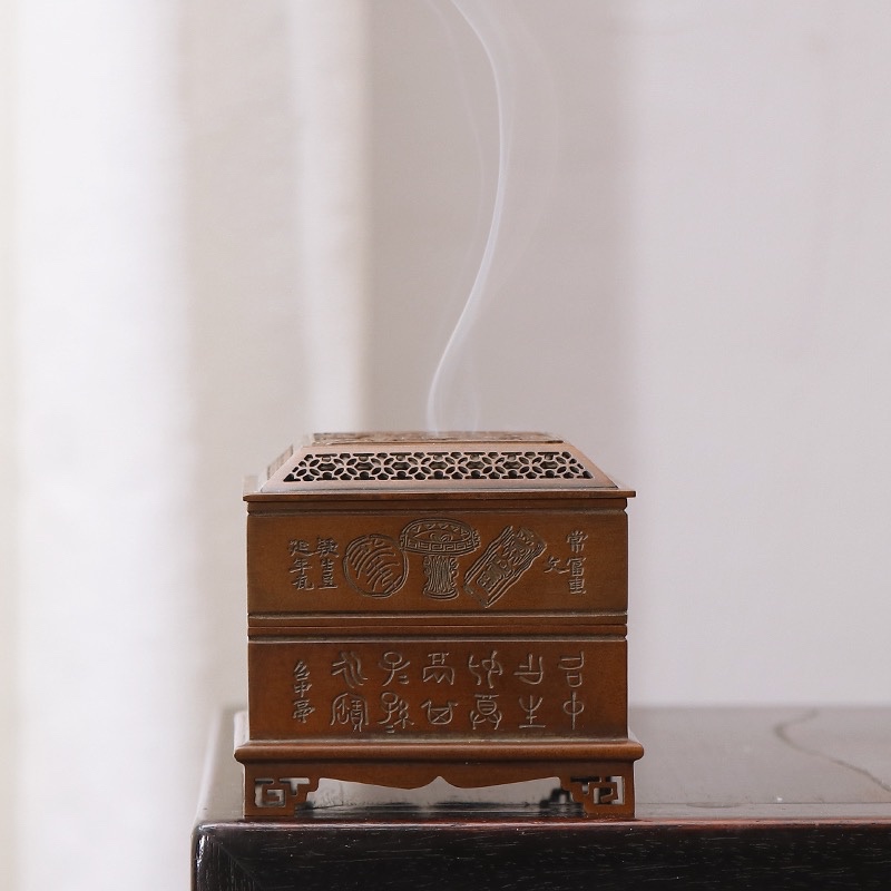 庆松—两层四方熏炉 复古怀旧紫铜打篆印香炉