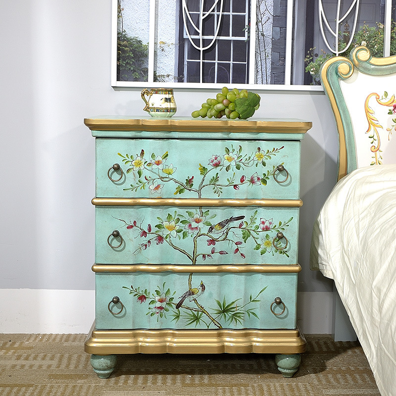 美式乡村斗柜 客厅边柜储物柜 卧室床头柜 三抽斗柜床边几手绘