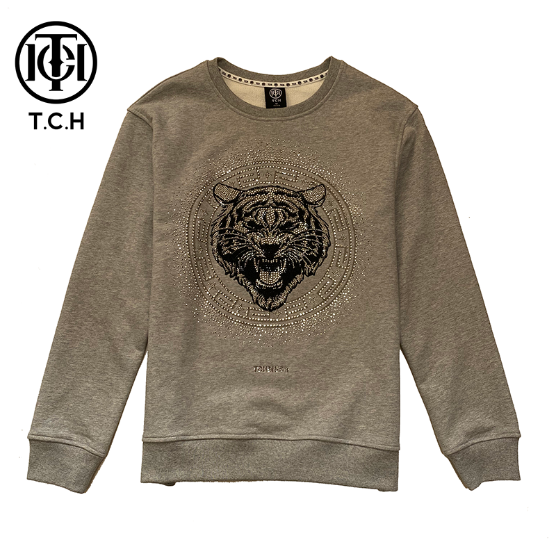 TCH轻奢潮牌灰色银钻老虎圆领时尚重工套头卫衣T66C116123