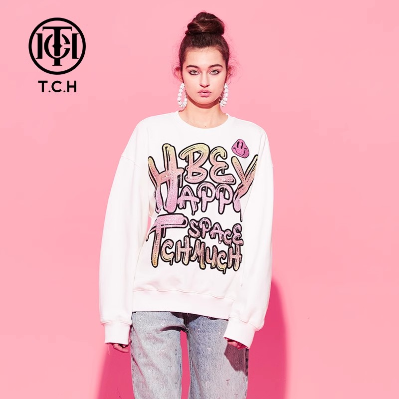 潮牌-TCH潮牌白色烫钻彩色字母休闲个性长袖圆领卫衣T69C116006