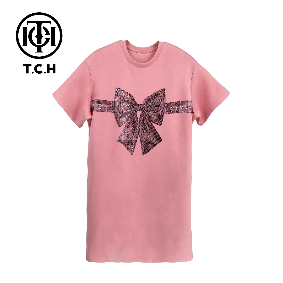 爆款-T.C.H/2025新中式春夏新款时尚蝴蝶结粉色连衣裙T72B30E6027