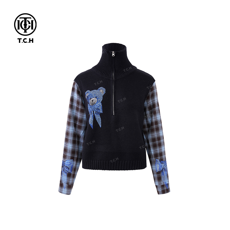 私服-TCH潮牌拼接袖黑蓝色半高领打底长袖针织衫T72C09E5162洋气