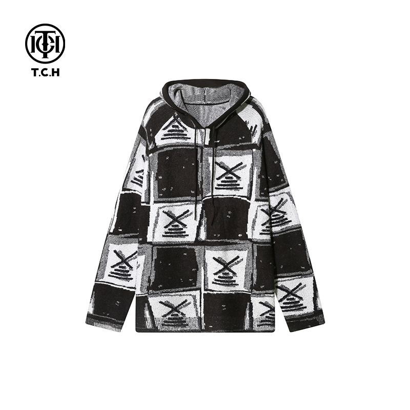 爆款-TCH潮牌烫钻格纹长款时尚连帽黑白色毛衣S69D098001