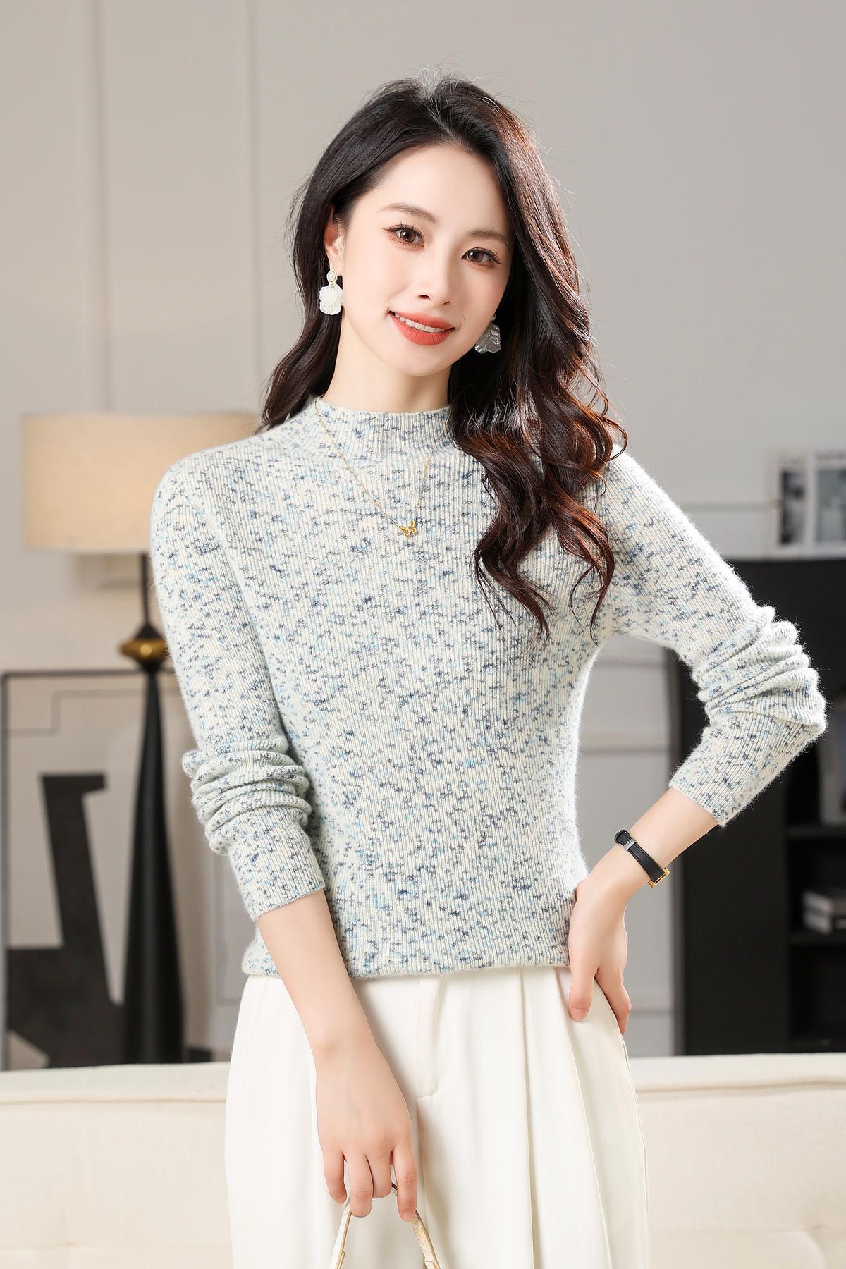 花纱抽条半高山羊绒衫女士时尚内搭轻柔保暖