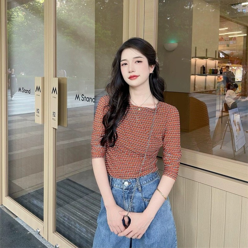 商场同款2025秋季百搭船领修身长袖T恤女碎花气质轻熟风女1301010
