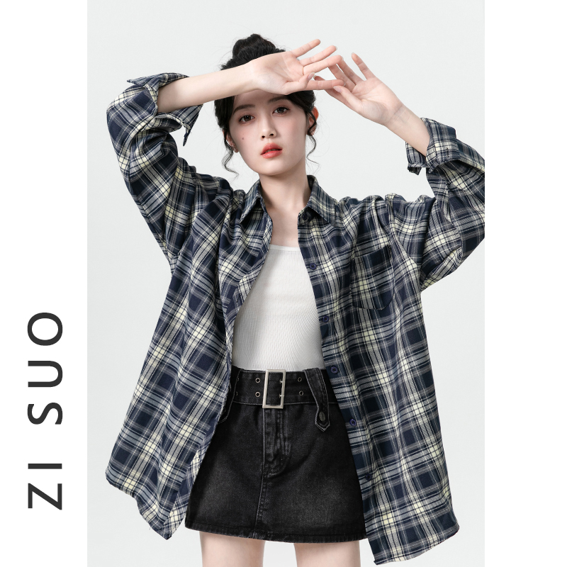 POLO领格子长袖衬衫女2025春秋新款复古港风休闲薄款衬衣外套上衣