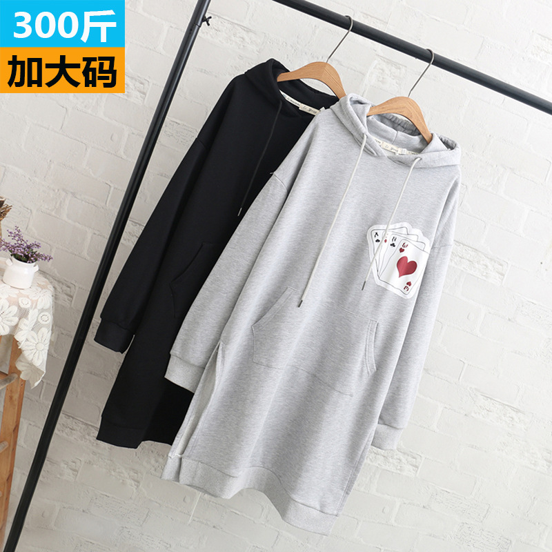 ZZ69101大码长款春装卫衣开叉显瘦毛圈棉卫衣裙胖妹妹扑克元素