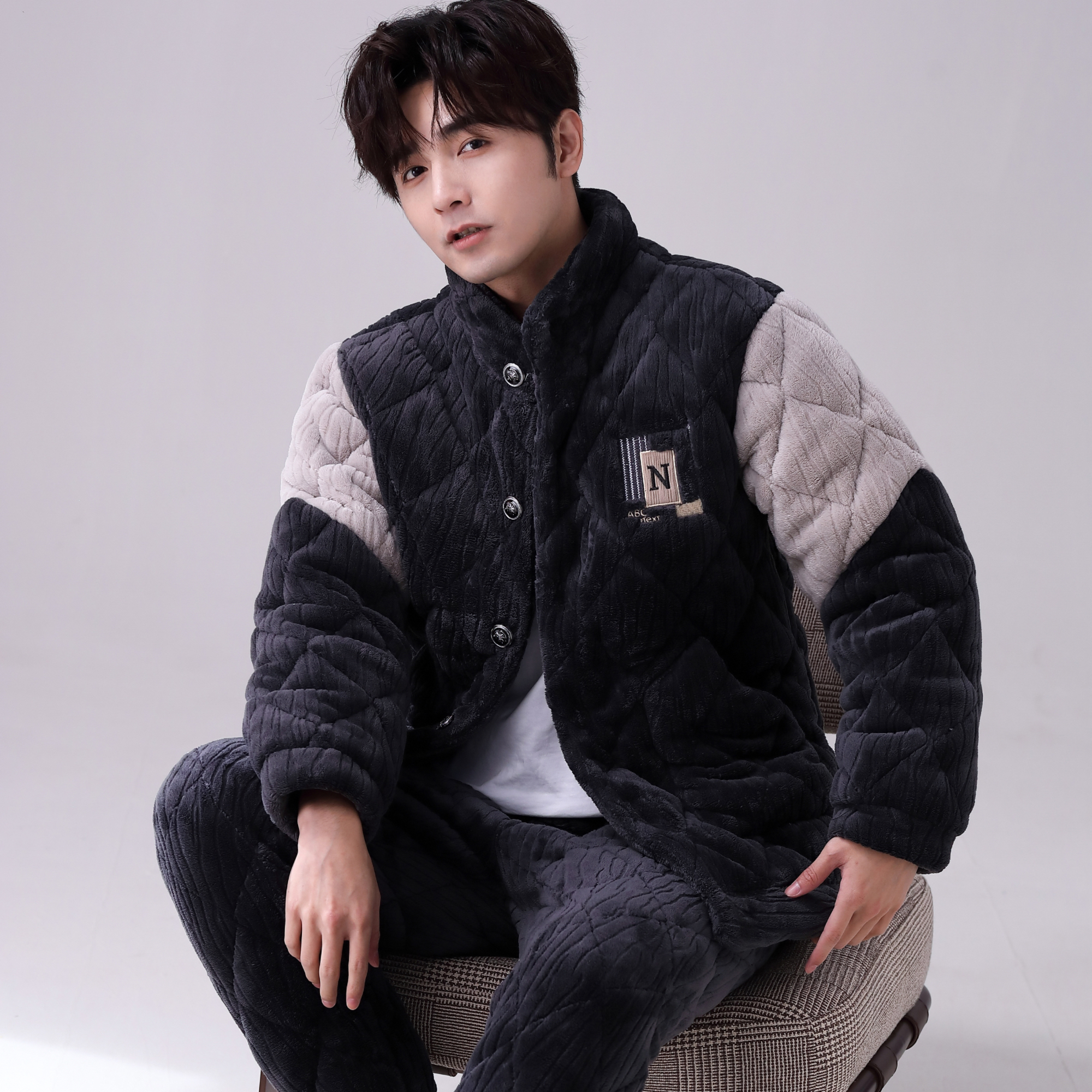 男士睡衣秋冬季珊瑚绒三层夹棉袄加厚加绒法兰绒青少年家居服套装