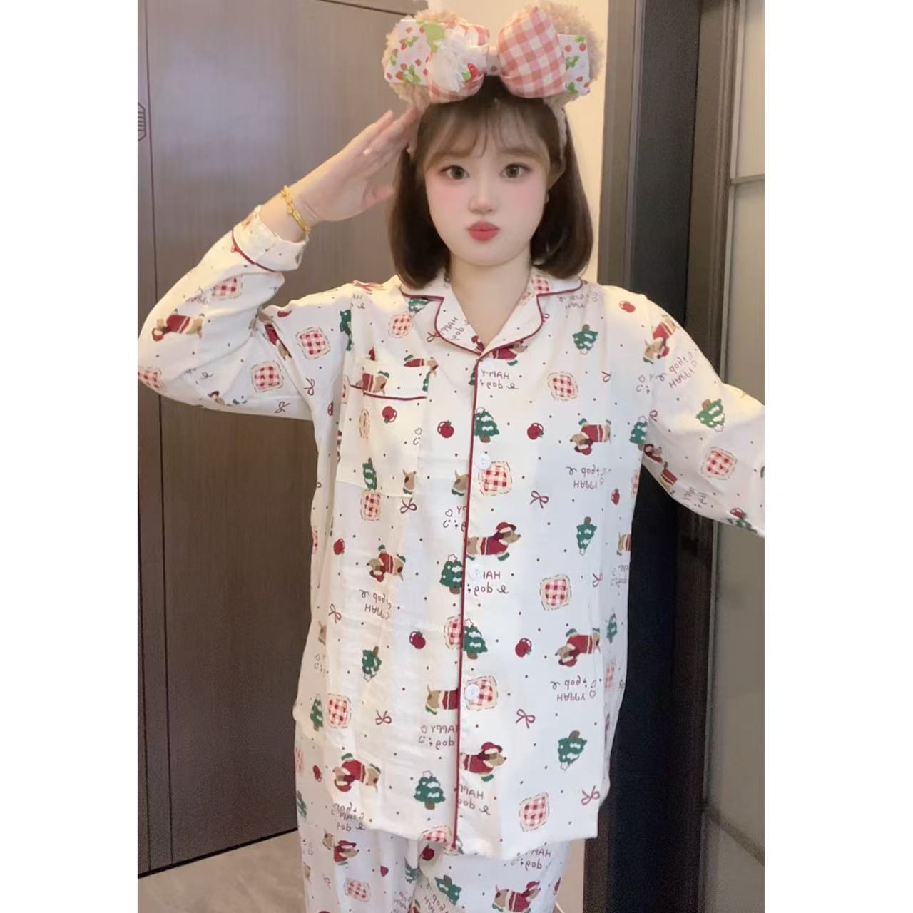 6106圣诞小狗大码春秋季宽松长袖翻领气质睡衣女可外穿家居服套装