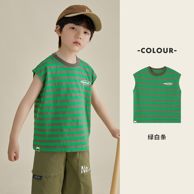 多多家竹节棉锯齿条纹背心绿灰条150码