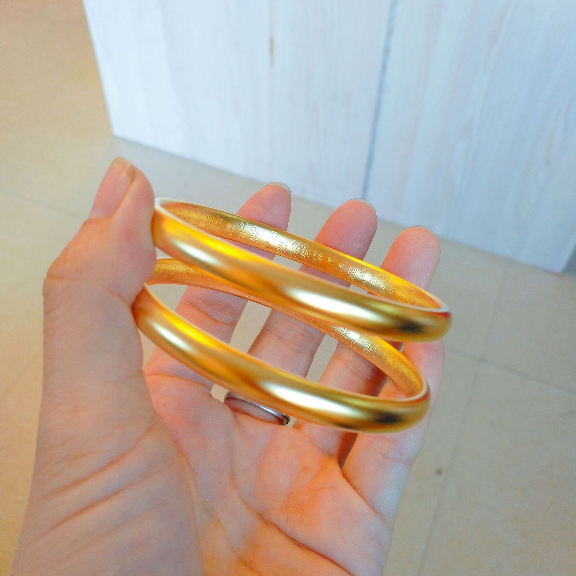 铜合金手镯 古法百福手镯女款传承镯子黄铜镀金素圈哑光磨砂手环