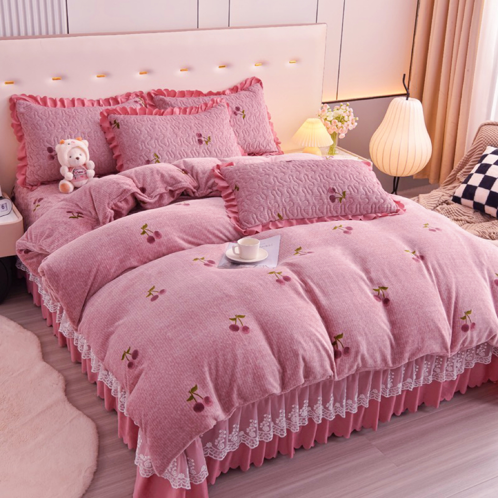 直播爆款牛奶绒印花蕾丝花边床盖床裙单件三件套双层夹棉加厚四件商品图